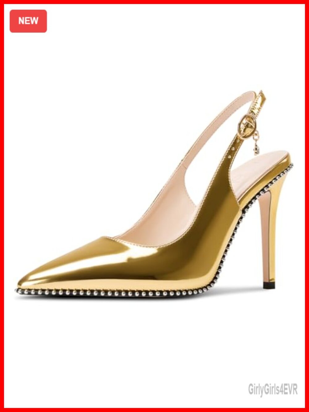 Beaded Slingback Pumps Stiletto Heel Pointed Toe Slip-On Faux Leather